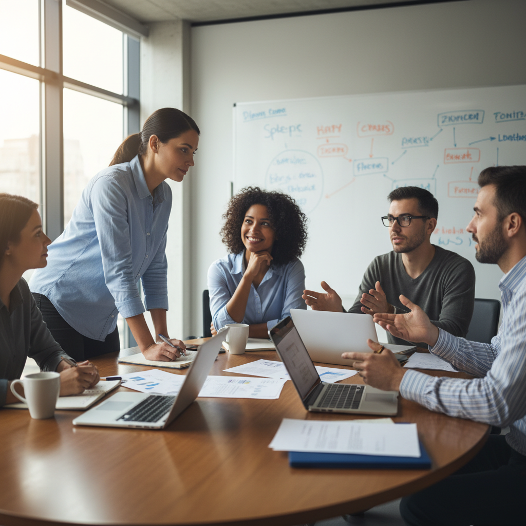 Team members practicing active listening in a collaborative setting, focused and engaged