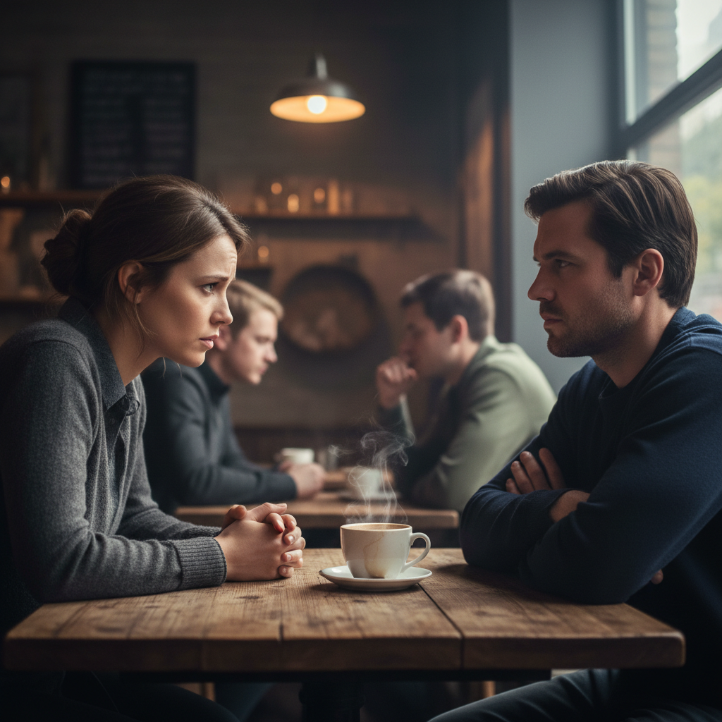 Two people leaning in, one speaking, the other genuinely attentive, showing active listening in a tense relationship conversation
