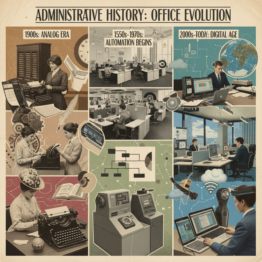 Vintage-modern collage of administrative professionals through the decades, from typewriters to AI dashboards