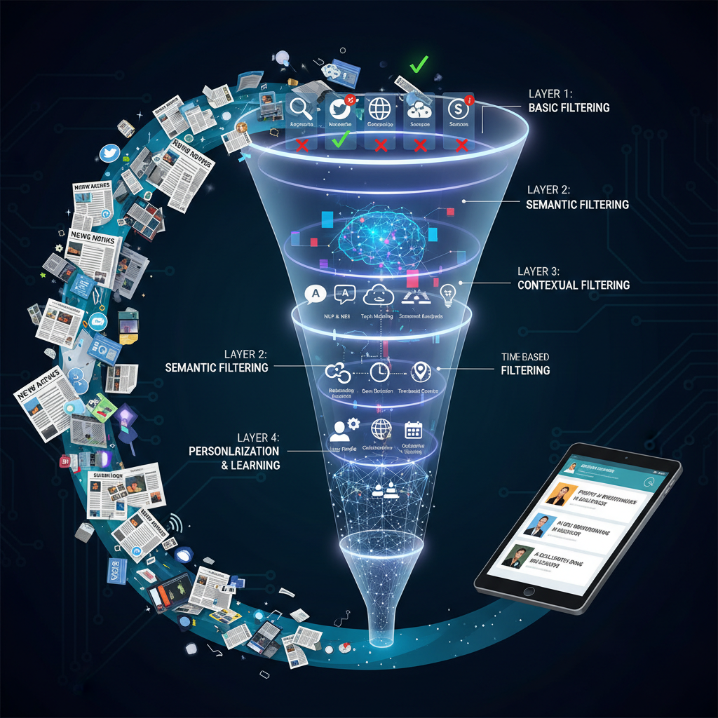 Diagram of advanced news filtering using multiple layers, representing efficient monitoring and Boolean keyword logic