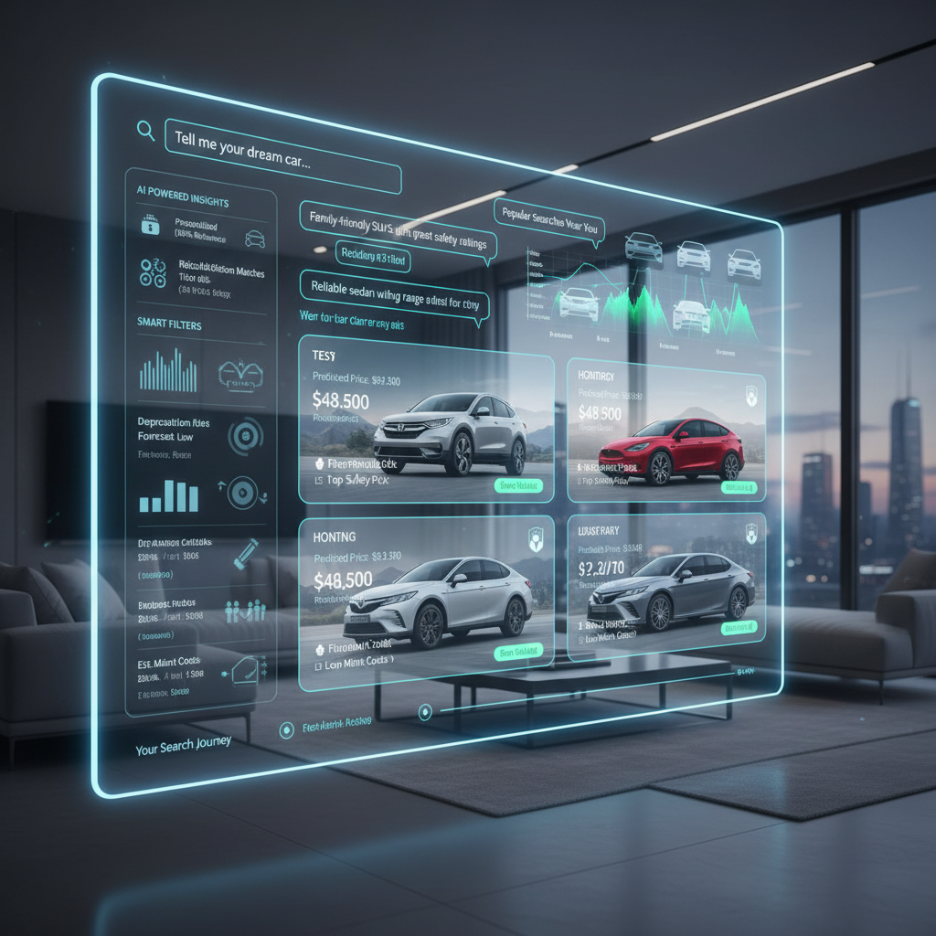 Abstract digital representation of algorithms filtering car deals, emphasizing AI’s role in online car buying.