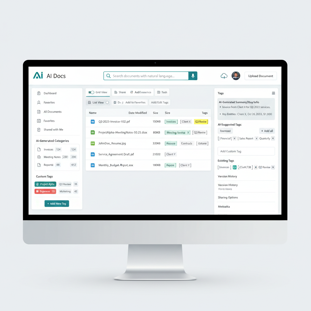 Modern AI document organizer interface highlighting smart search results and intuitive tagging features for digital document management