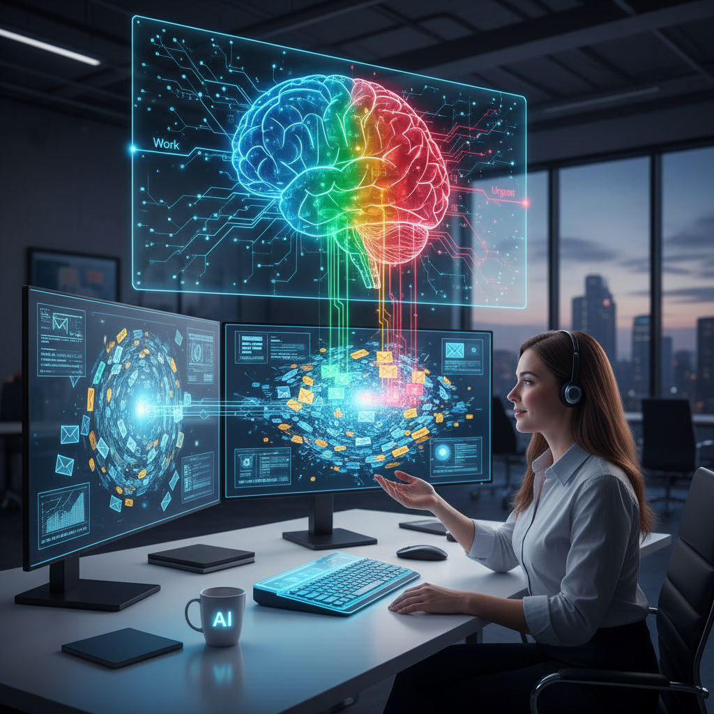 AI system visualizing and sorting emails with streams of colorful messages, digital brain motif