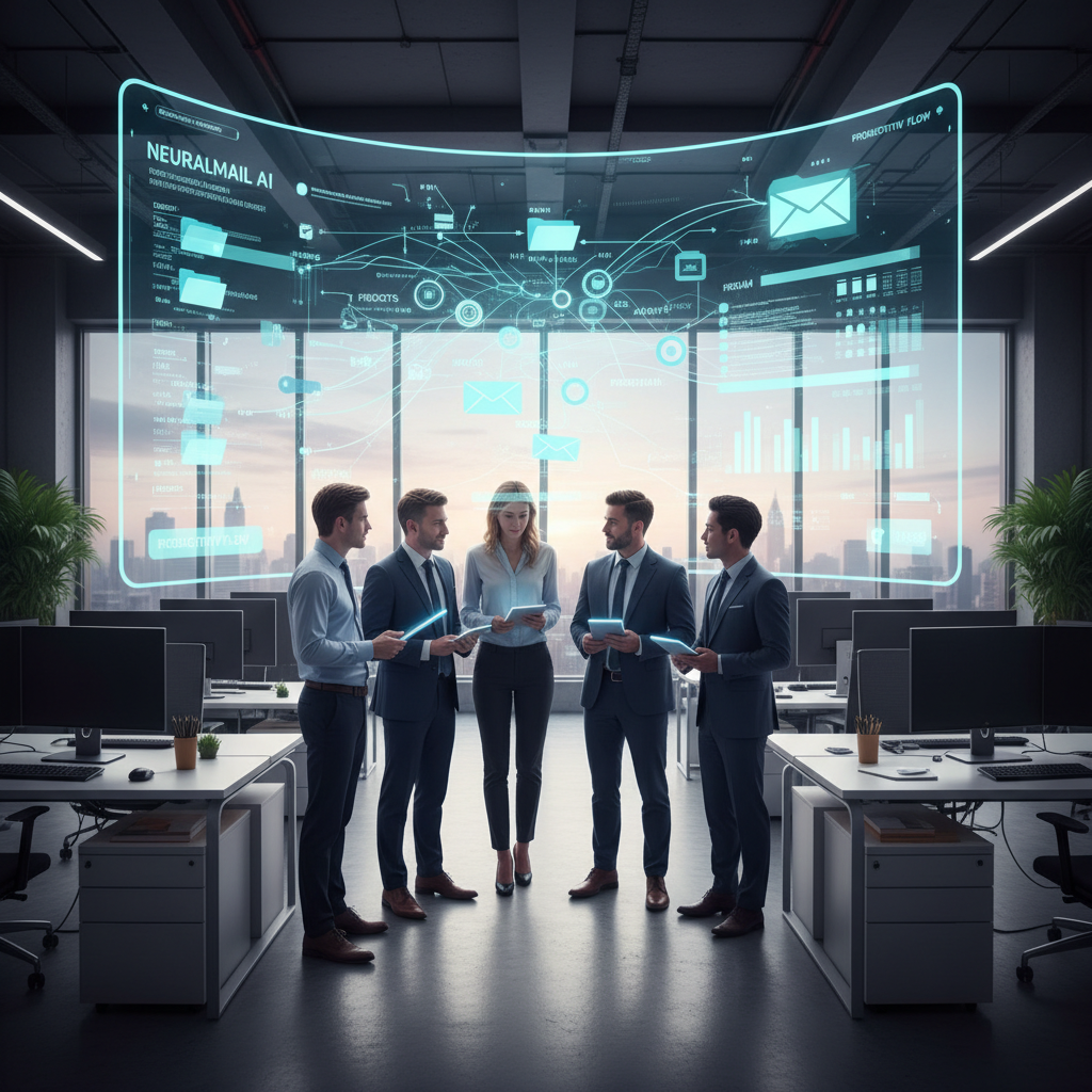 Corporate office scene with digital overlays showing AI sorting emails—AI enterprise productivity suite