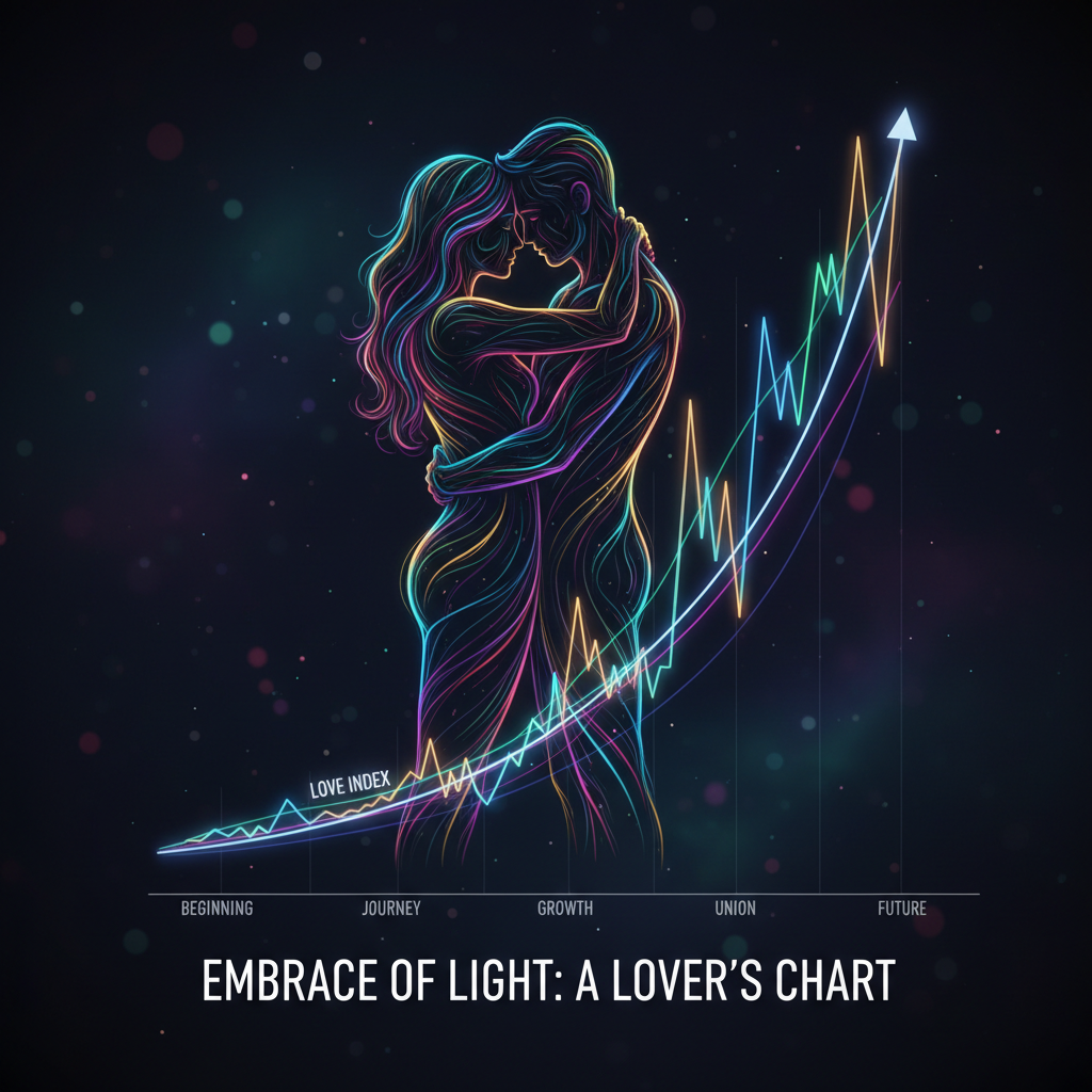 Sztuczna inteligencja w analizie wykresów partnerskich, kolorowe światła, abstrakcyjny wykres i sylwetki zakochanych.