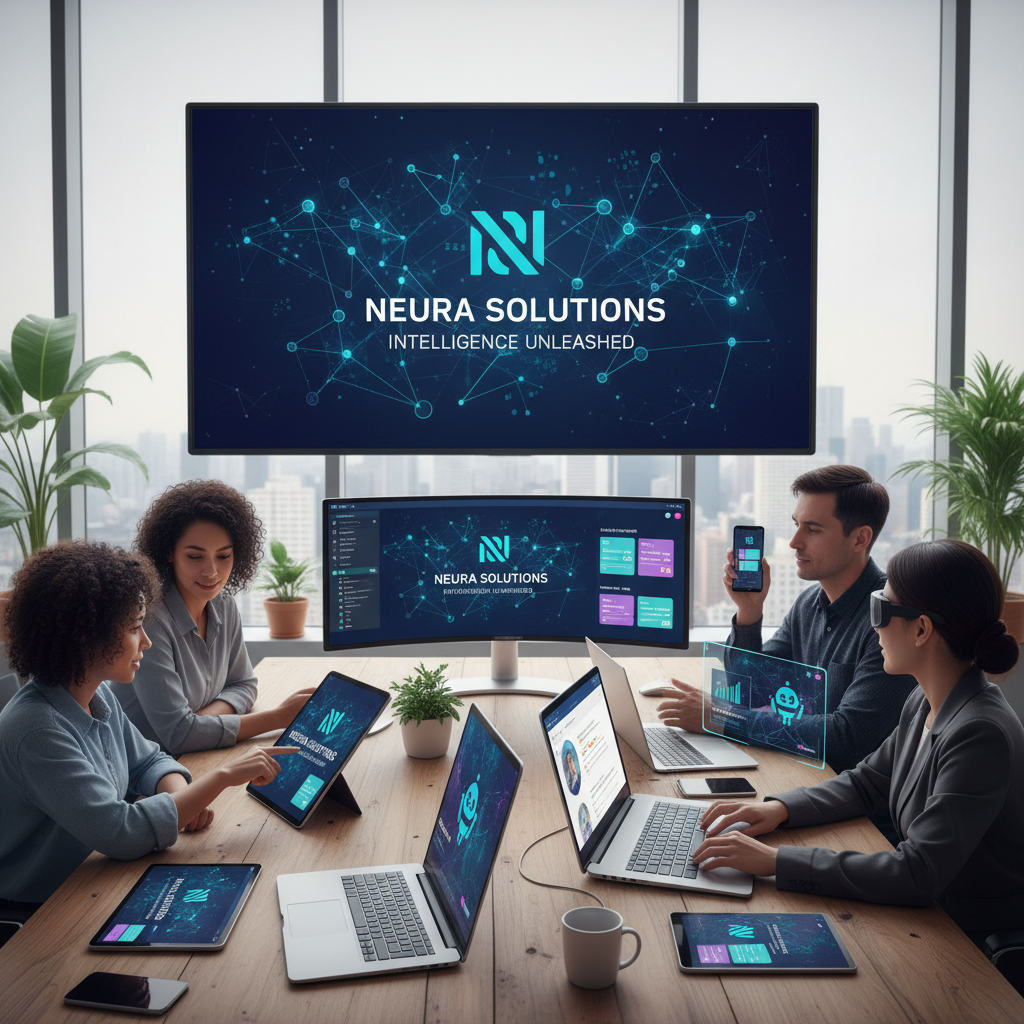 Team reviewing AI-generated marketing materials with strong brand identity on multiple devices