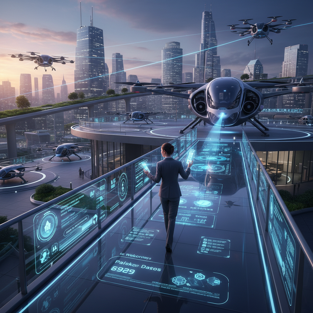 Passengers boarding an air taxi at a rooftop vertiport, digital boarding passes in hand