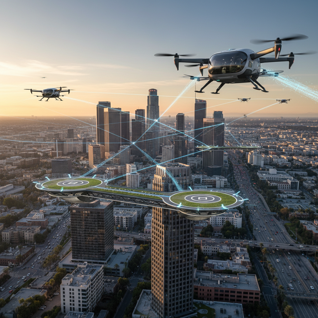 Air taxis in flight above Los Angeles, city skyline and vertiport installations visible