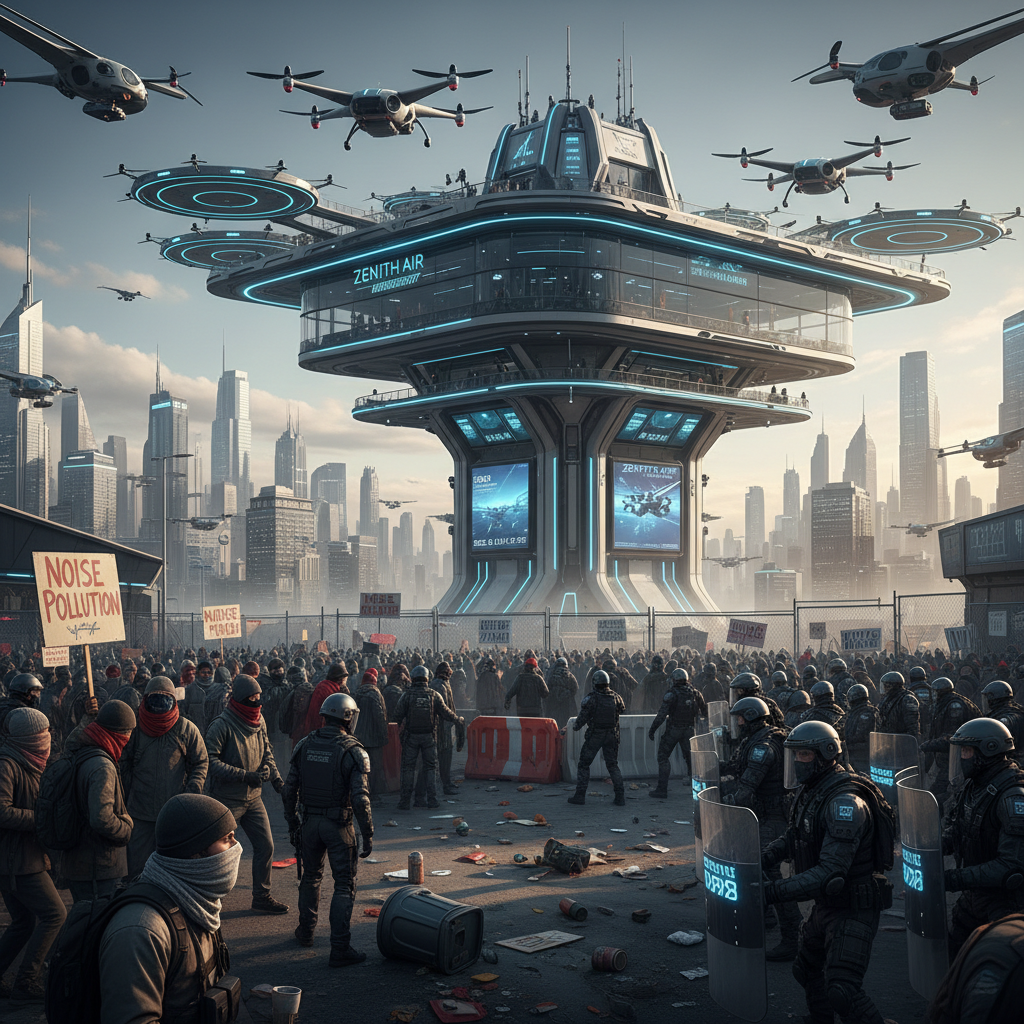 Air taxi vertiport with protestors and security staff, urban background