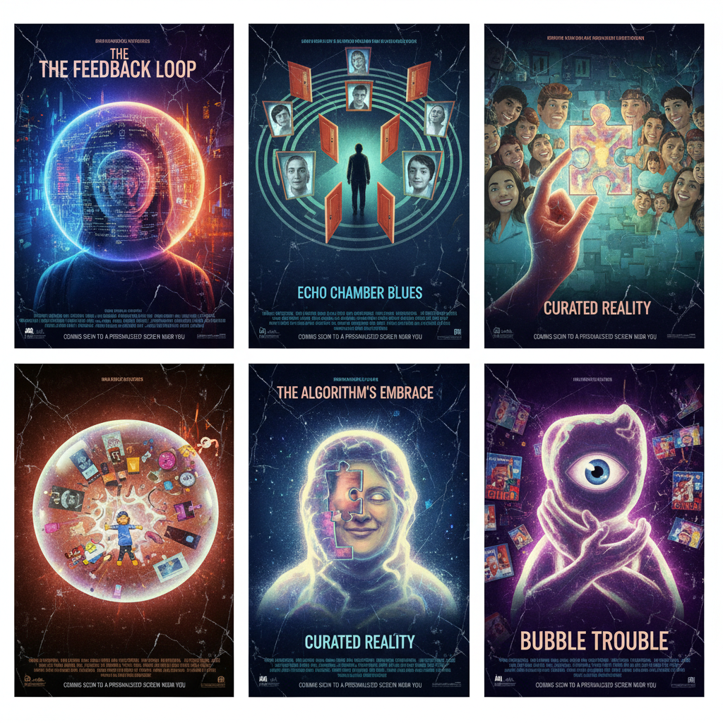 Visual metaphor of a bubble filled with similar film posters, illustrating the concept of algorithmic filter bubbles in movie assistant recommendations