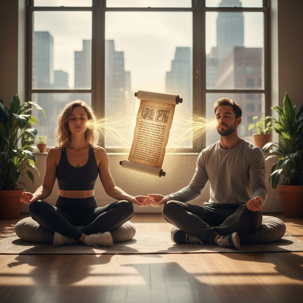 A contemporary couple meditating together with smartphones set aside, blending ancient wisdom and modern tech in relationship listening