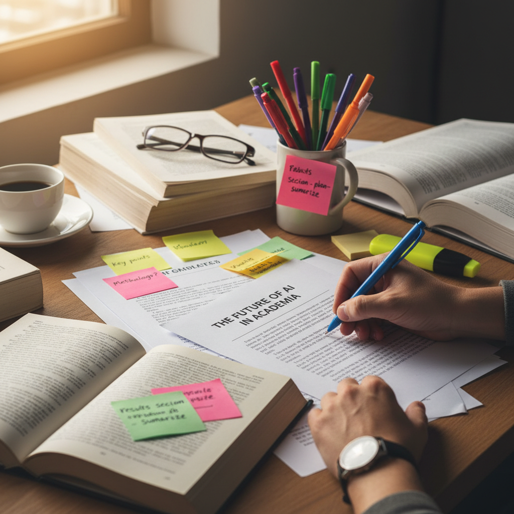 An academic using colored pens and sticky notes to annotate a printed research paper at a desk covered in textbooks