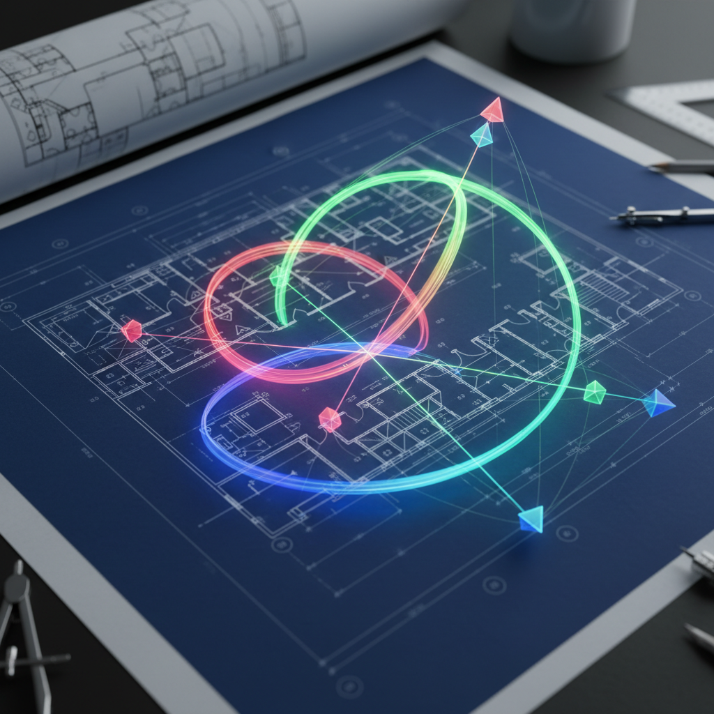 Architectural blueprint overlaid with bold, colorful coordinate axes highlighting the artistic use of grids