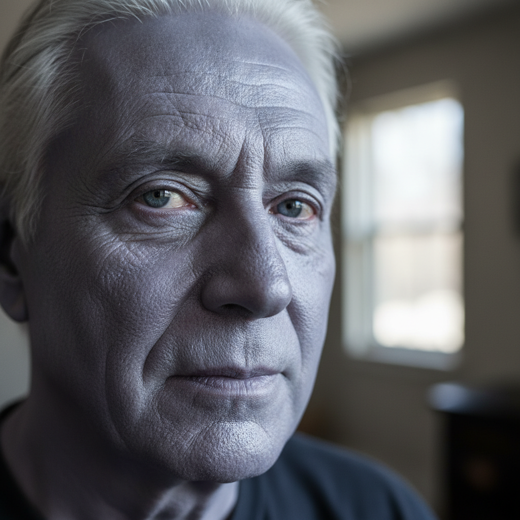 Portret osoby z argyrią, z wyraźnie zsiniałą skórą na twarzy i dłoniach