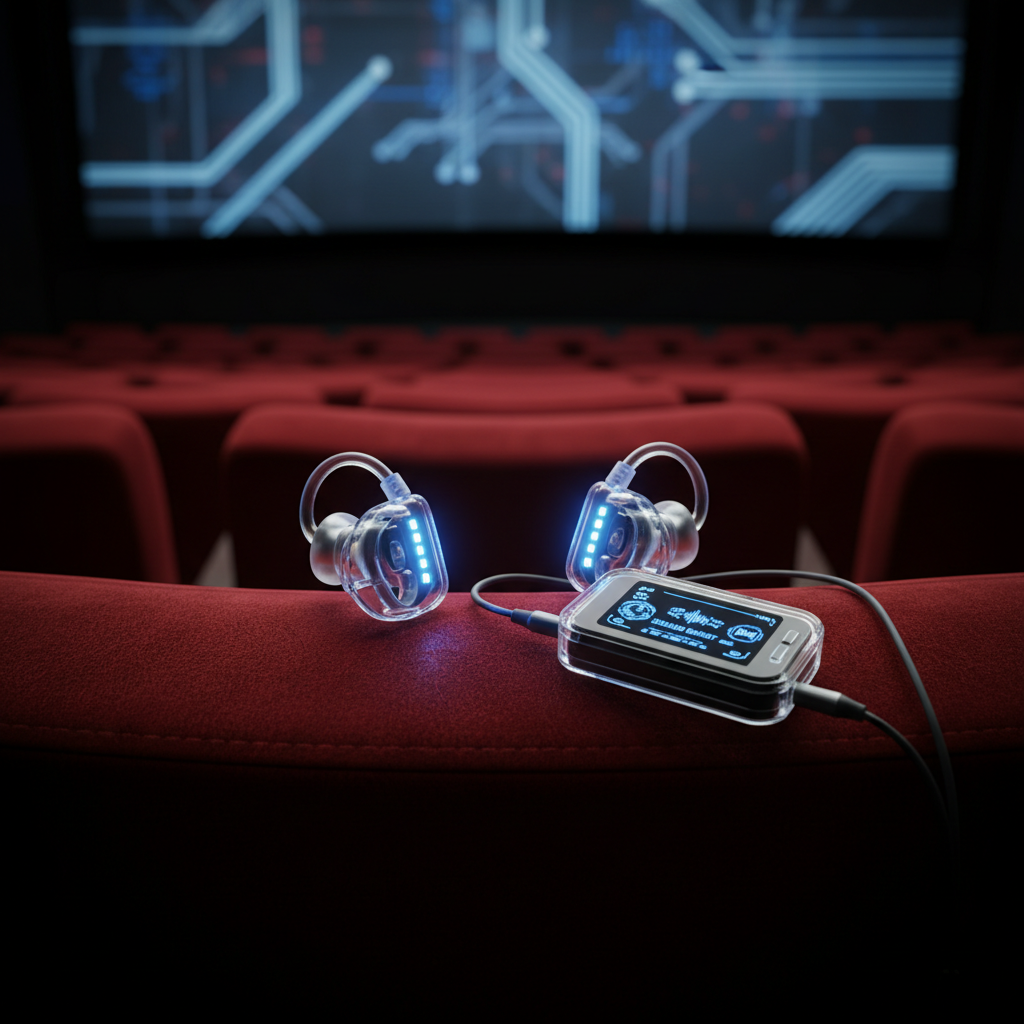 Assistive listening devices in use at a cinema, tech-focused, cinema accessibility innovation