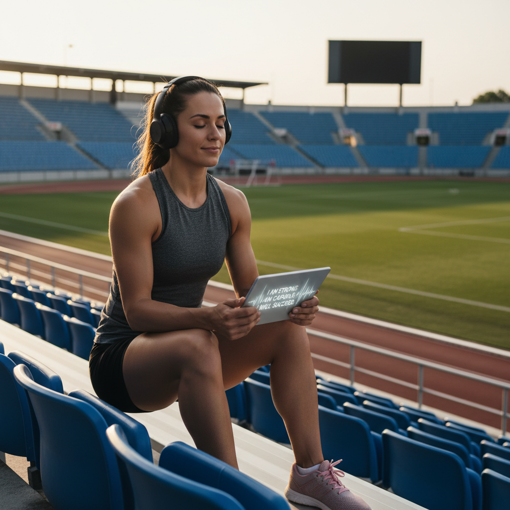 Sportowiec słuchający afirmacji przed zawodami na stadionie, motywacja przez aplikacje zdrowotne