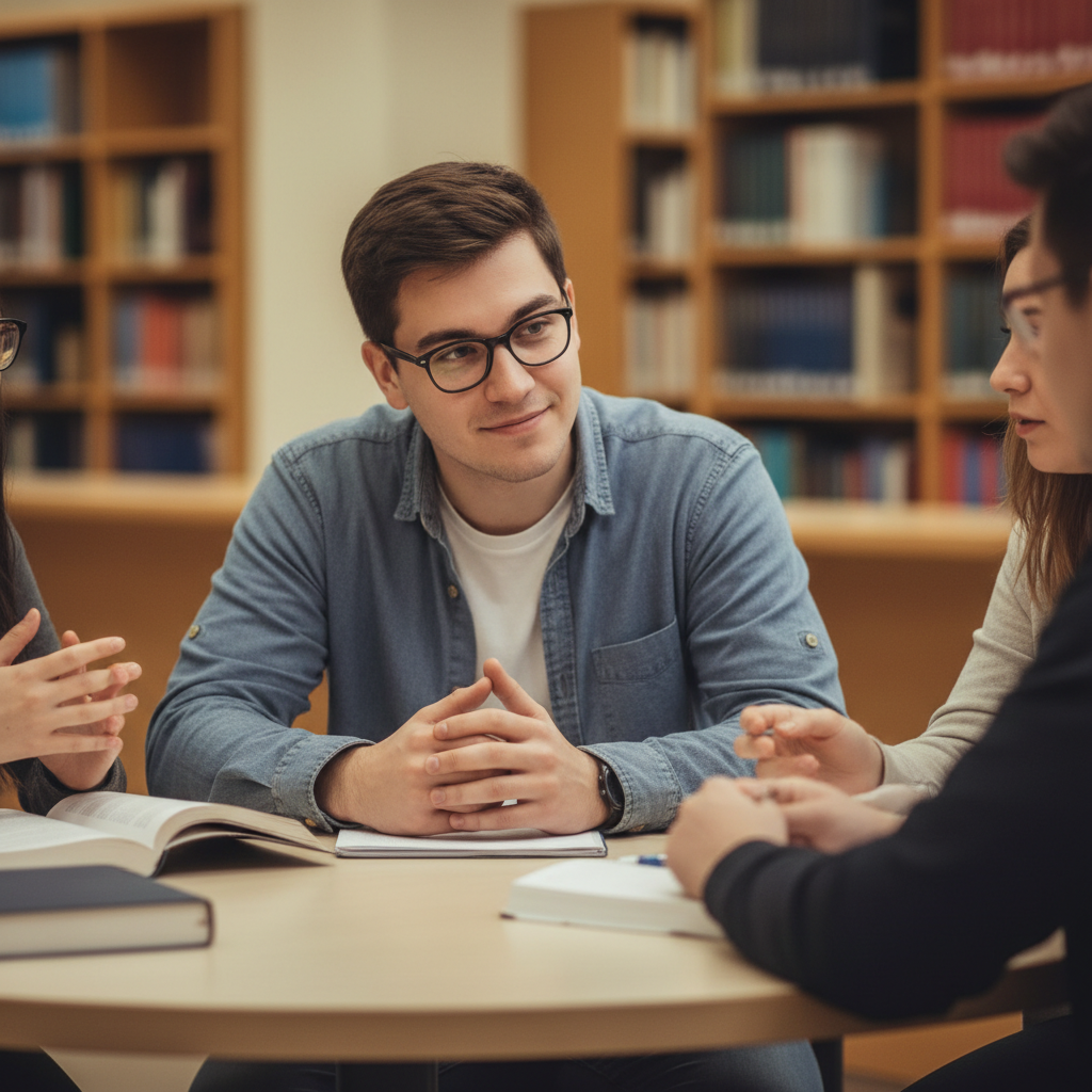 Introvertierte Person hört aufmerksam in Gruppendiskussion zu – Symbol für stille, aber einflussreiche Kommunikation