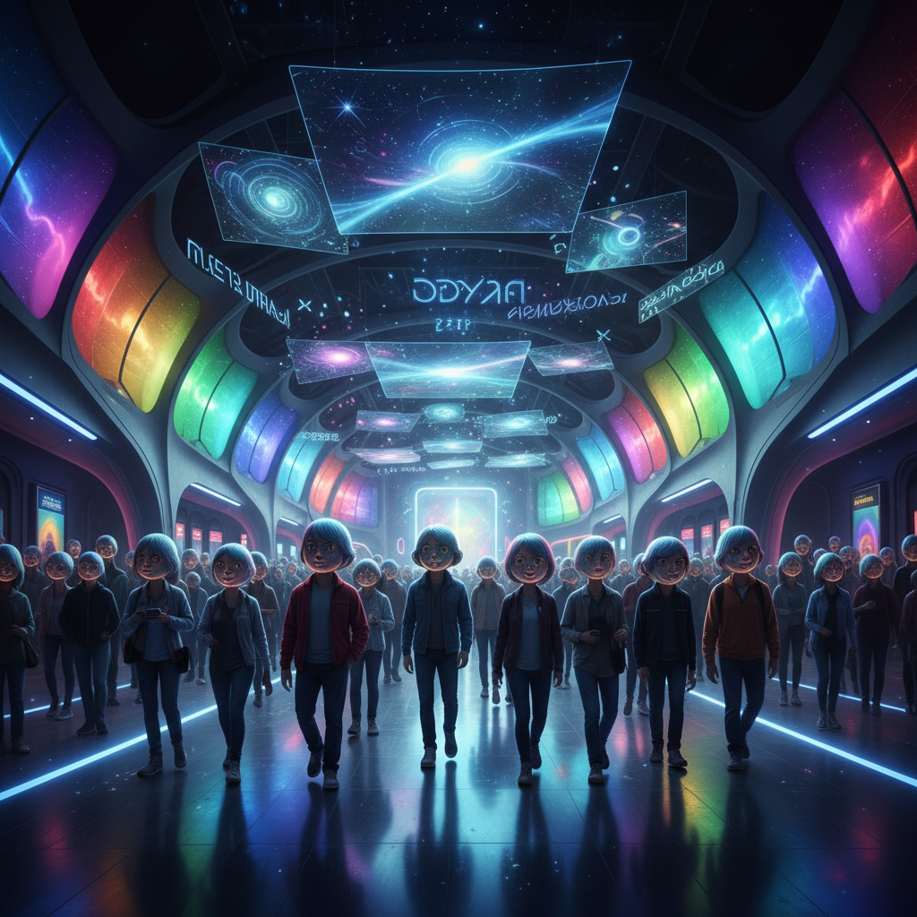 Moviegoers leaving theater changed by film, each illuminated by a different colored light