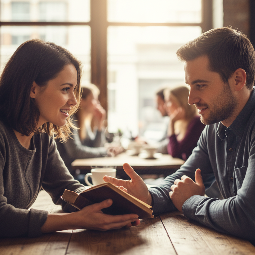 A person leaning forward attentively, making eye contact during a heartfelt conversation, showing genuine validation in a relationship