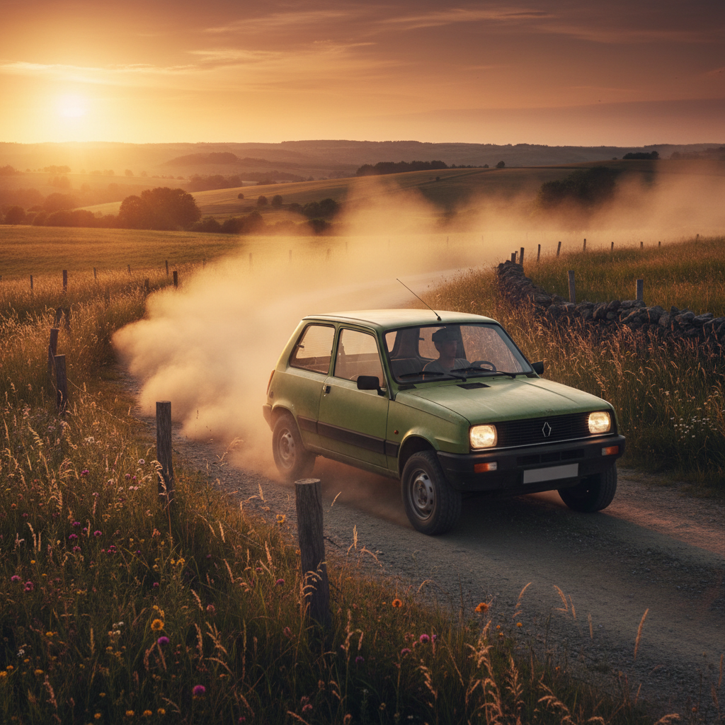 Vintage hatchback kicking up dust on country road at golden hour; best cars for rural areas