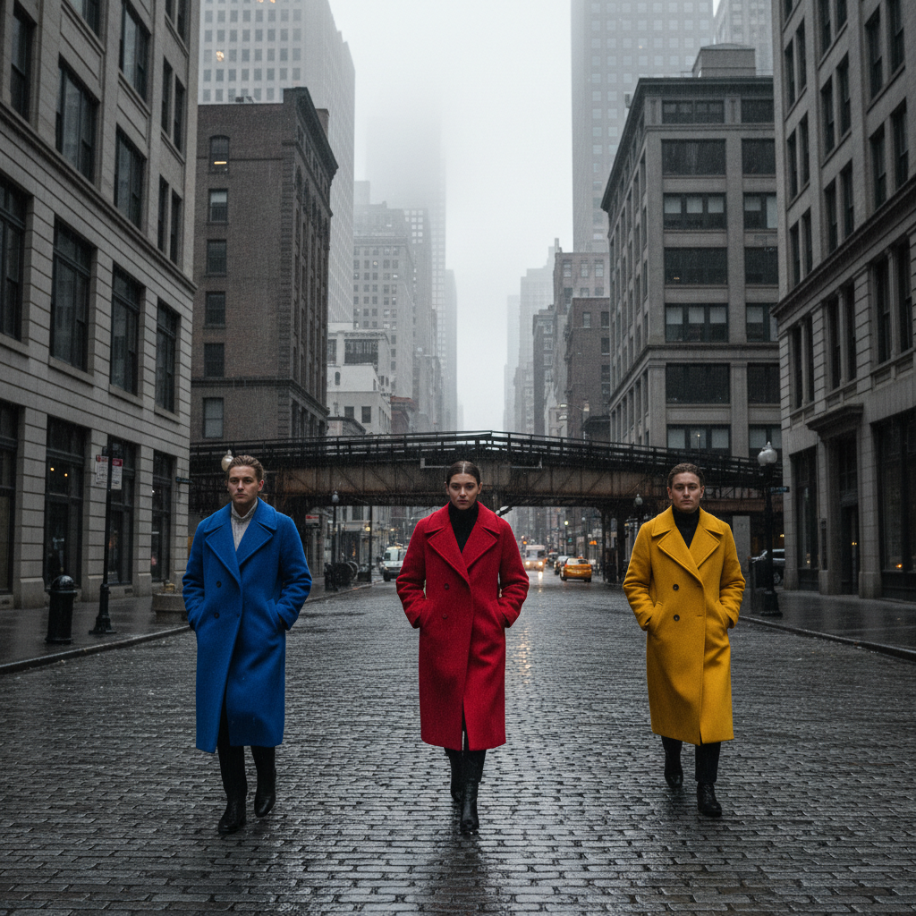 Kolorowe płaszcze na tle szarego miasta, stylizacja wierzchnia, odważne kolory