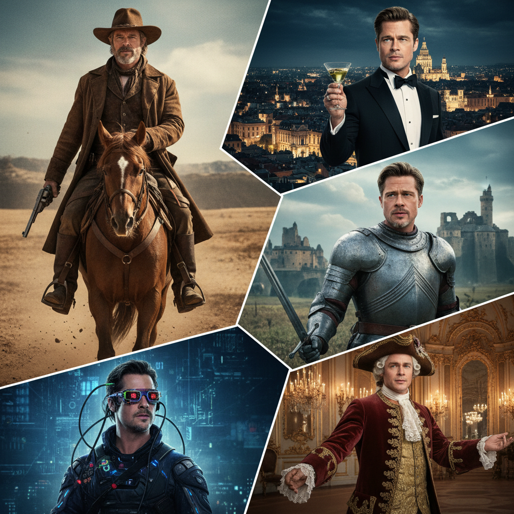 Brad Pitt in multiple movie genres, montage-style, distinct costumes, genre mastery