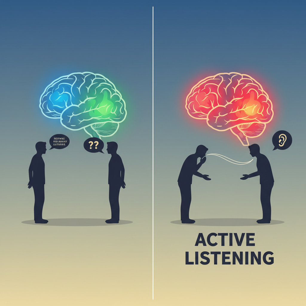 Brain scan showing active listening in action, graphical overlay of brain activity in conversation