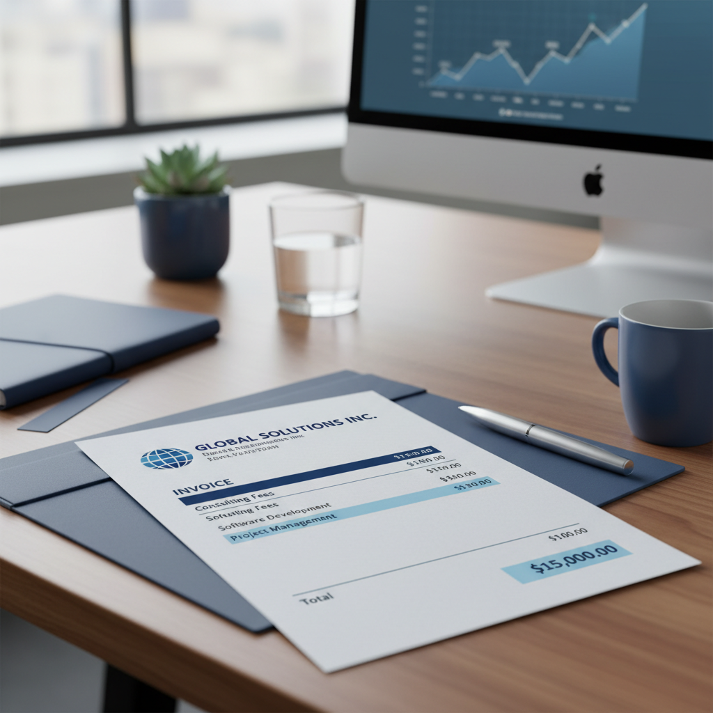 Professional invoice with bold branding, logo, and business colors on desk
