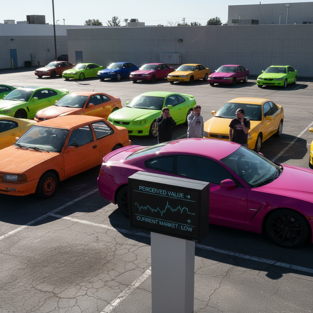 Photo of brightly colored cars in a harshly lit parking lot, illustrating how color and perception affect car value data