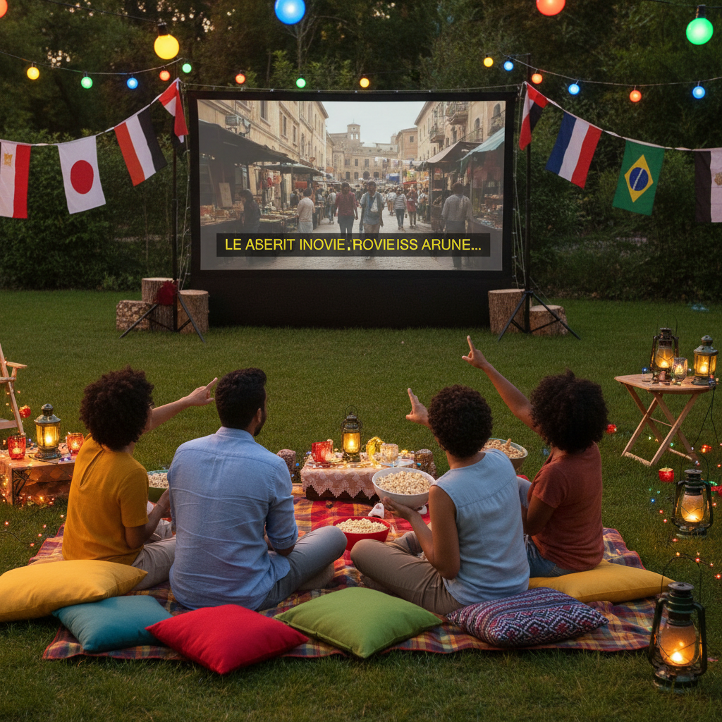 Friends watching foreign-language comedy mysteries with subtitles at home, representing global reach of movie whatdunit comedy movies
