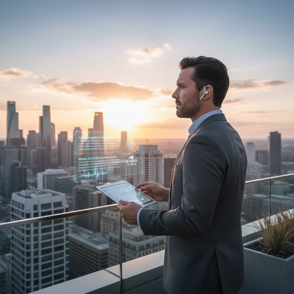 Business professional listening to AI news on the go, city background, sunrise lighting