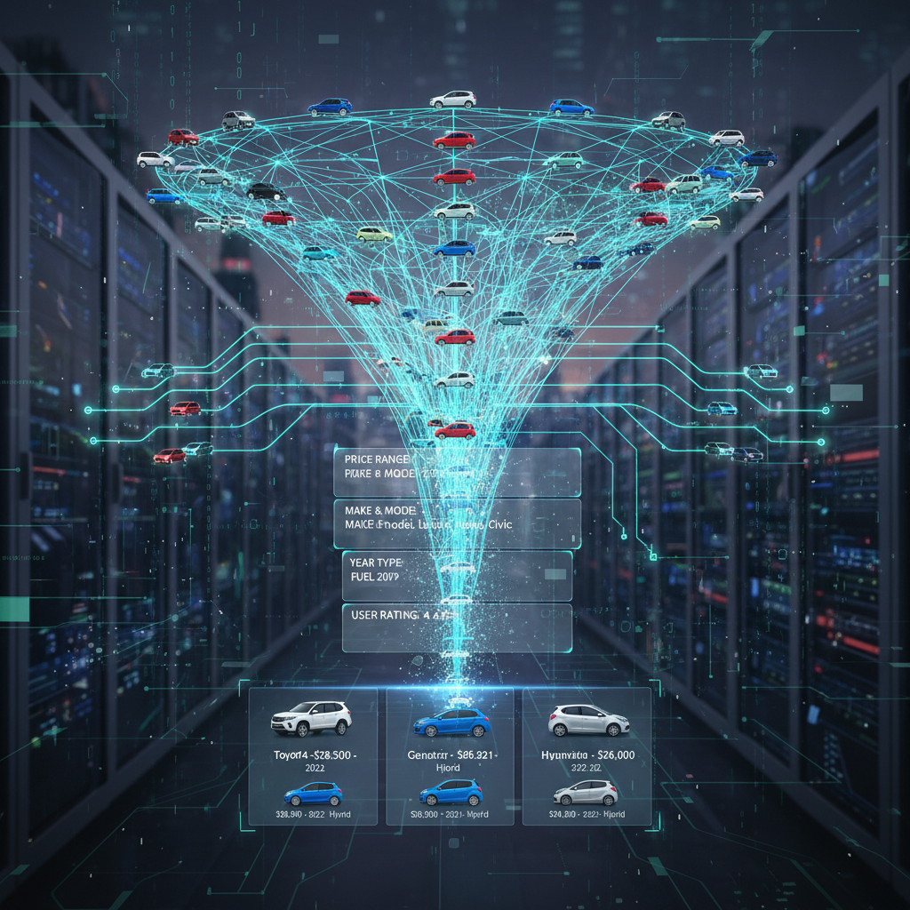 Flowchart of data filtering process for car aggregators, represented as a person at a screen surrounded by digital listing streams
