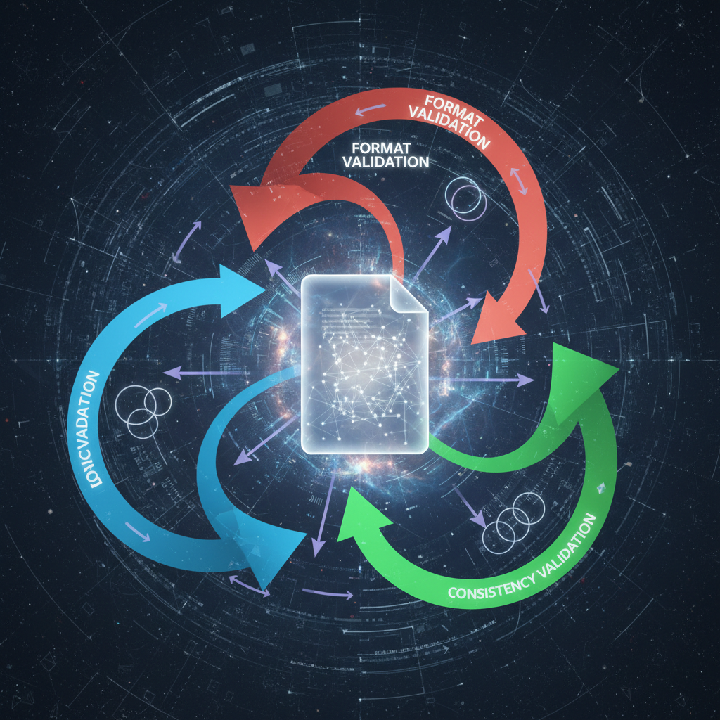 Infographic-style photo: Central document on abstract background, branching color-coded arrows – illustrating main types of document data validation