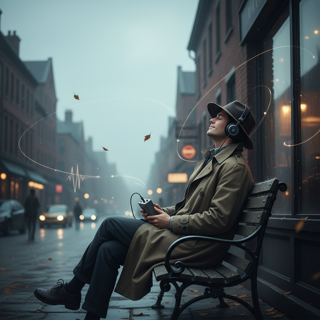 Close-up of a character listening, ambient city noise, cinematic composition, slow cinema meditative mood