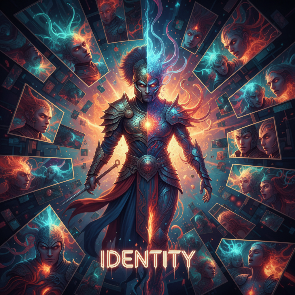 Surreal photo of a character transforming through shifting mirrors, reflecting the complicated journey of identity in movies