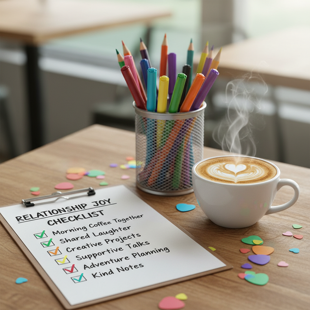 Checklist for relationship joy practices, handwritten and surrounded by pens and coffee