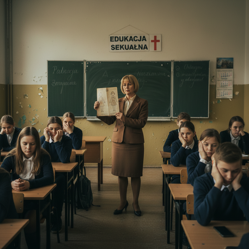 Szkolna klasa, nauczycielka prowadzi zajęcia z edukacji seksualnej, uczniowie słuchają — brak edukacji w Polsce