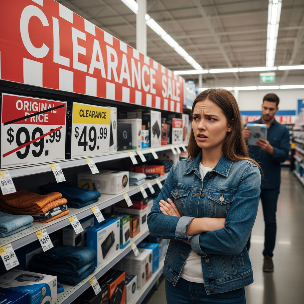 Comparing clearance and regular sale price tags, retail shelf, two identical items, skeptical mood, clearance sales comparison