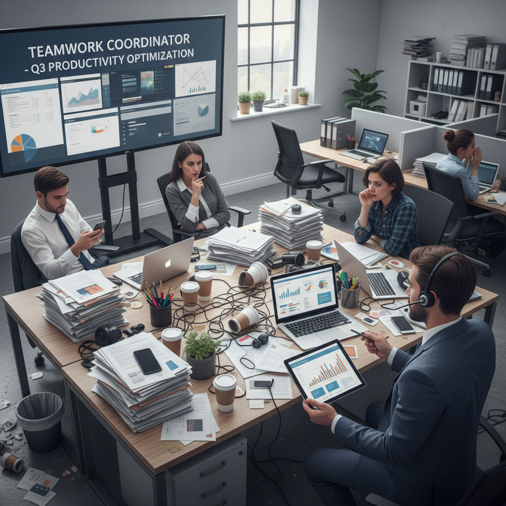Visual metaphor for productivity lost in chaotic teams, showing a cluttered desk and distracted team members struggling with coordination