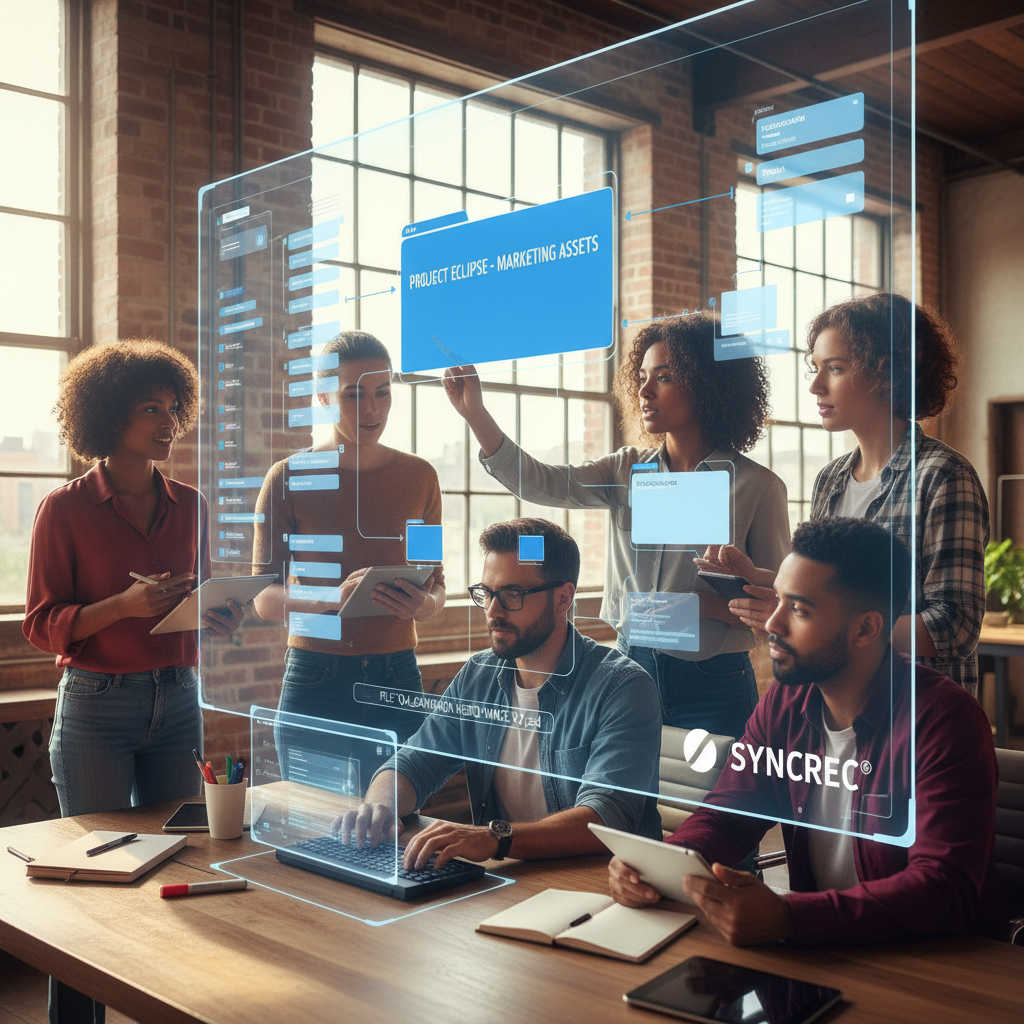 Team collaborating on naming and tagging files using a digital whiteboard, symbolizing structured file management