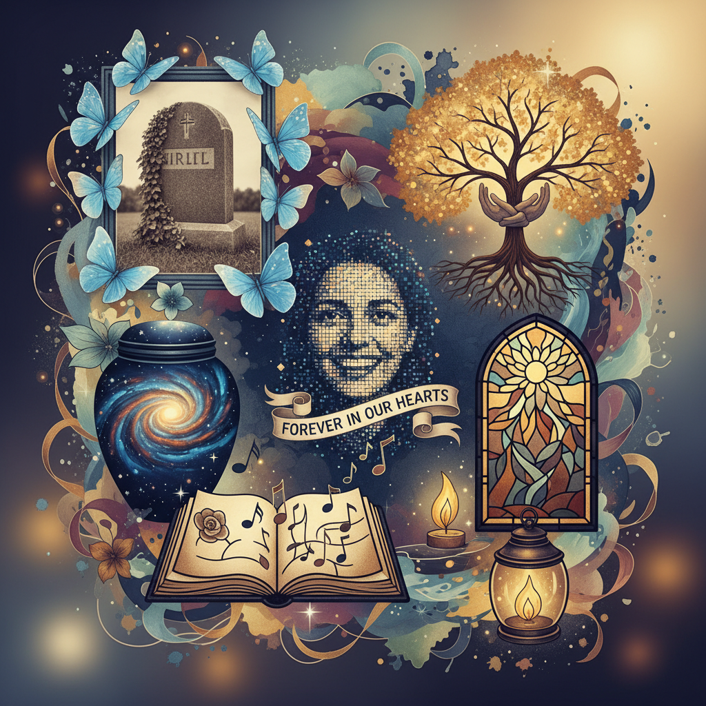 Collage of different digital memorial tribute types, creative and evocative mood