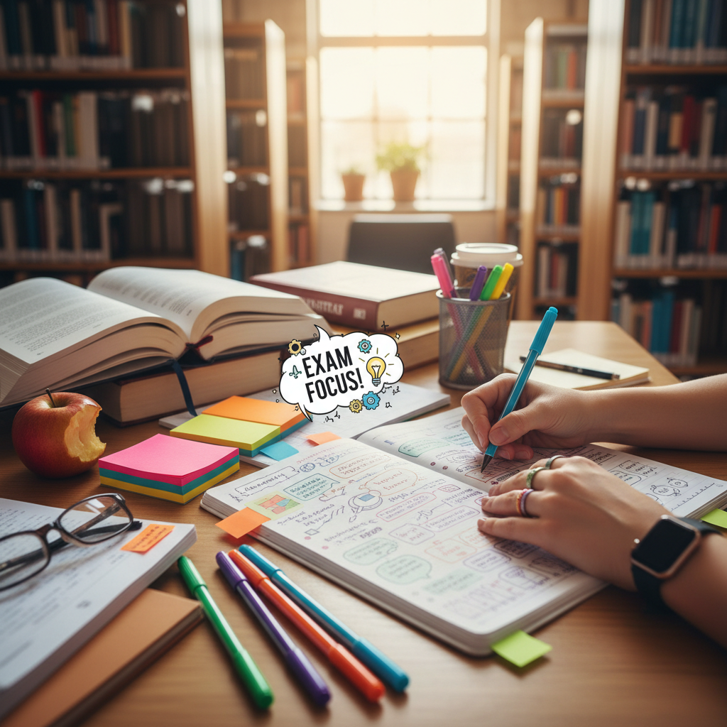 Student using colored pens, sticky notes, visual journaling, energized study table, library, exam focus