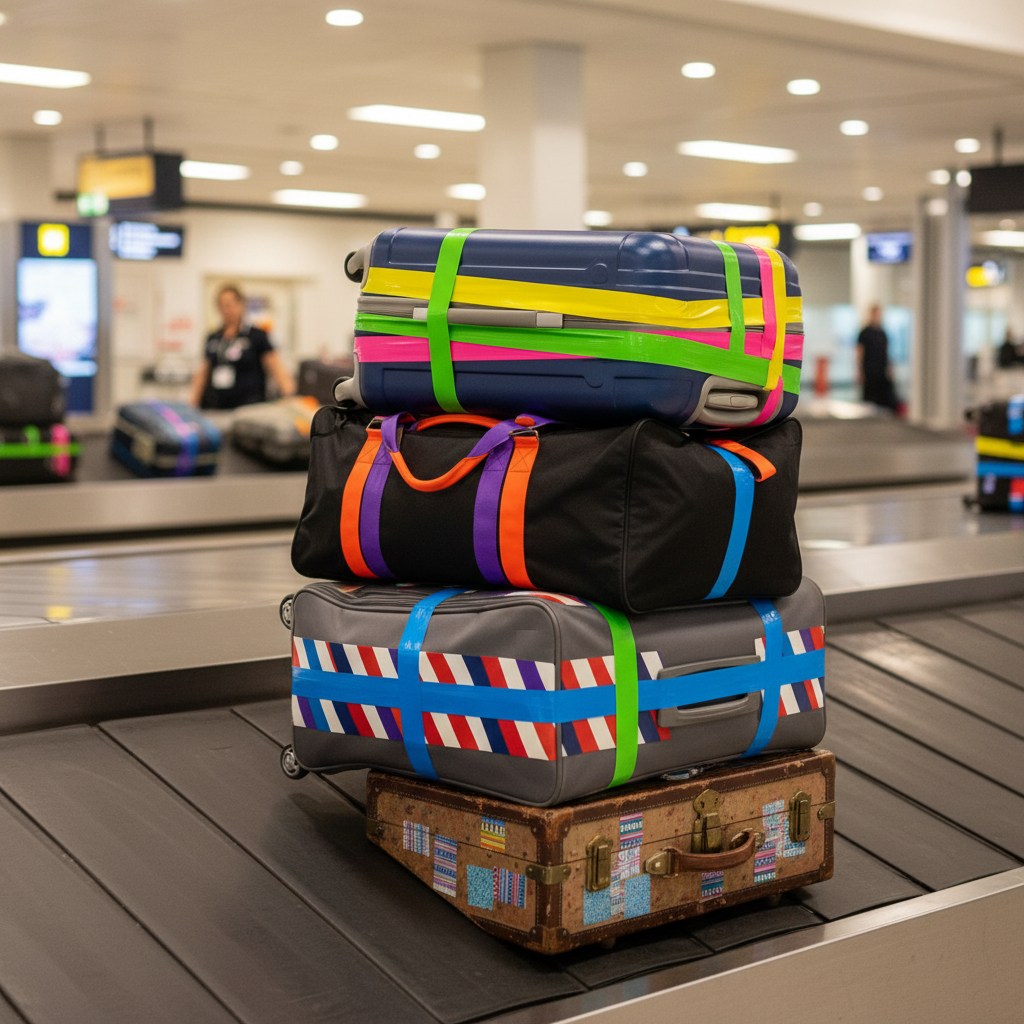 Walizka oznaczona kolorowymi taśmami, łatwa identyfikacja na taśmie bagażowej
