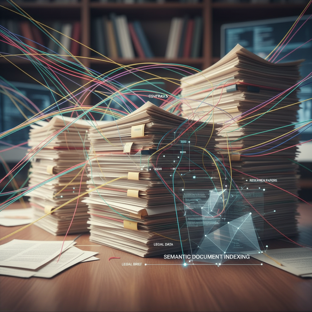 Visual metaphor of multidimensional vectors connecting documents. Alt: Photo showing colored threads connecting stacks of documents, symbolizing vector-based semantic connections in document indexing techniques