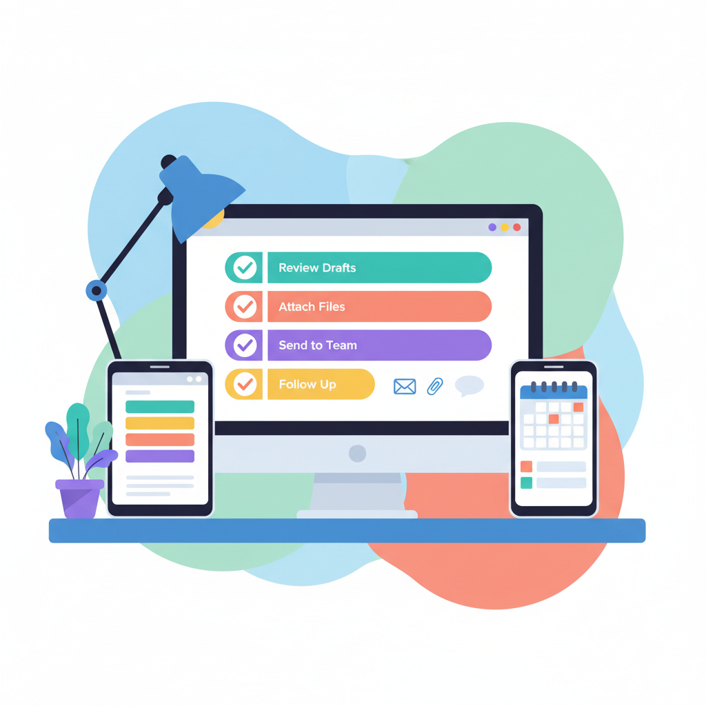 Colorful, organized checklist for email coordination on a desk, modern flat design style, coordinate emails productivity