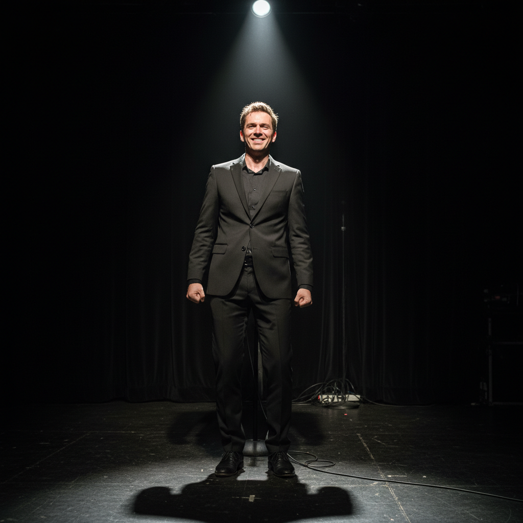 Close-up photo of a comedian’s forced grin, uncomfortable mood, dark stage