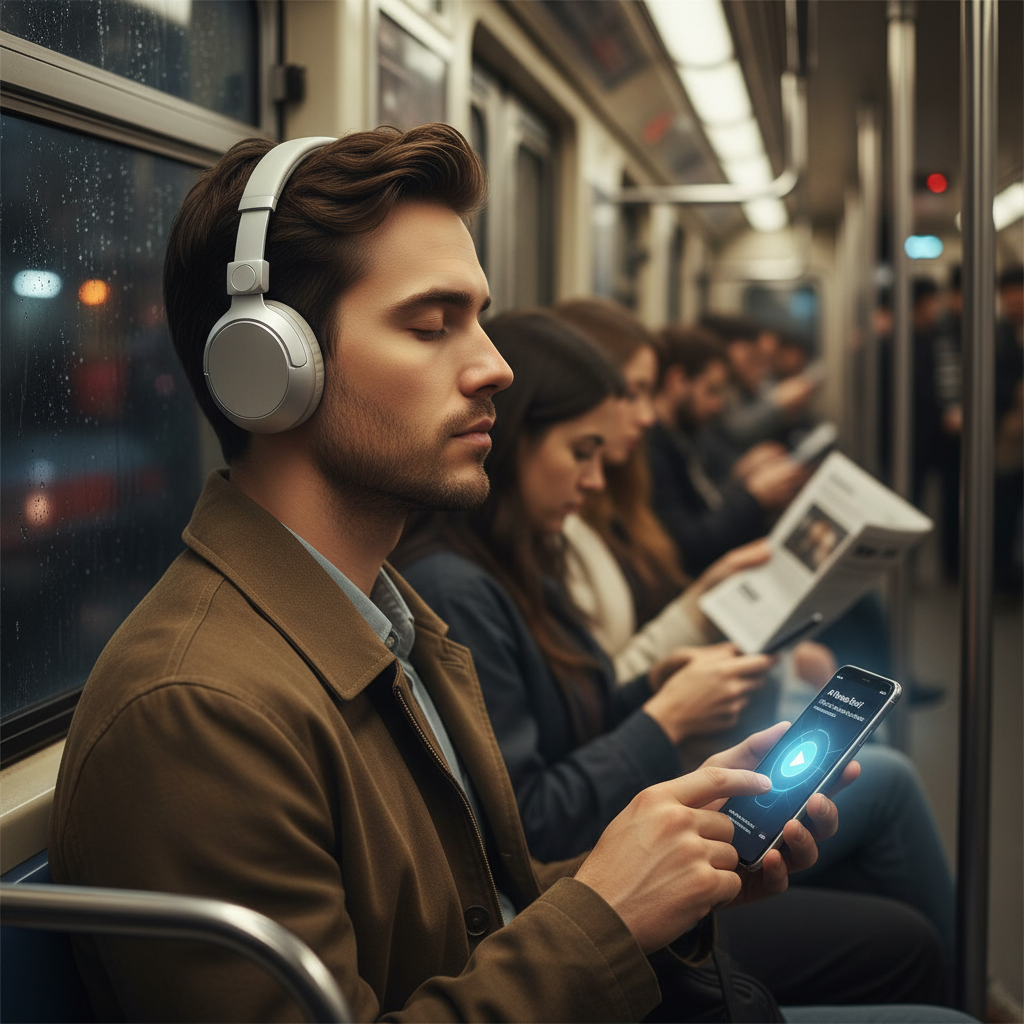 Photo of a commuter on the subway, headphones on, digital waves around their ears—representing AI news podcast listening
