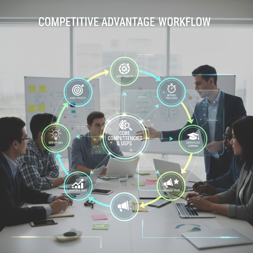 A project manager leading a team through a digital workflow displayed on screens, illustrating step-by-step competitive research integration