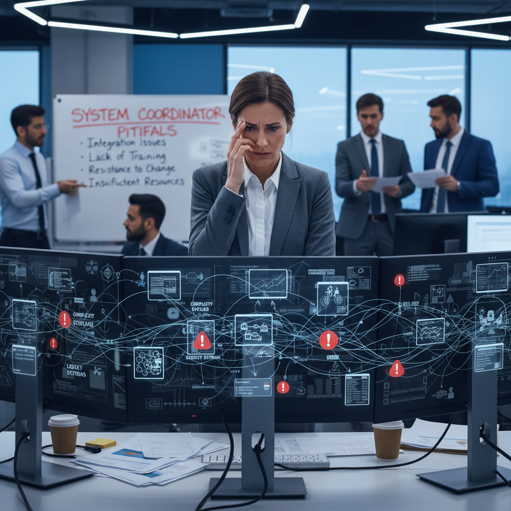 Professional looking concerned in a corporate office, highlighting system coordinator job pitfalls