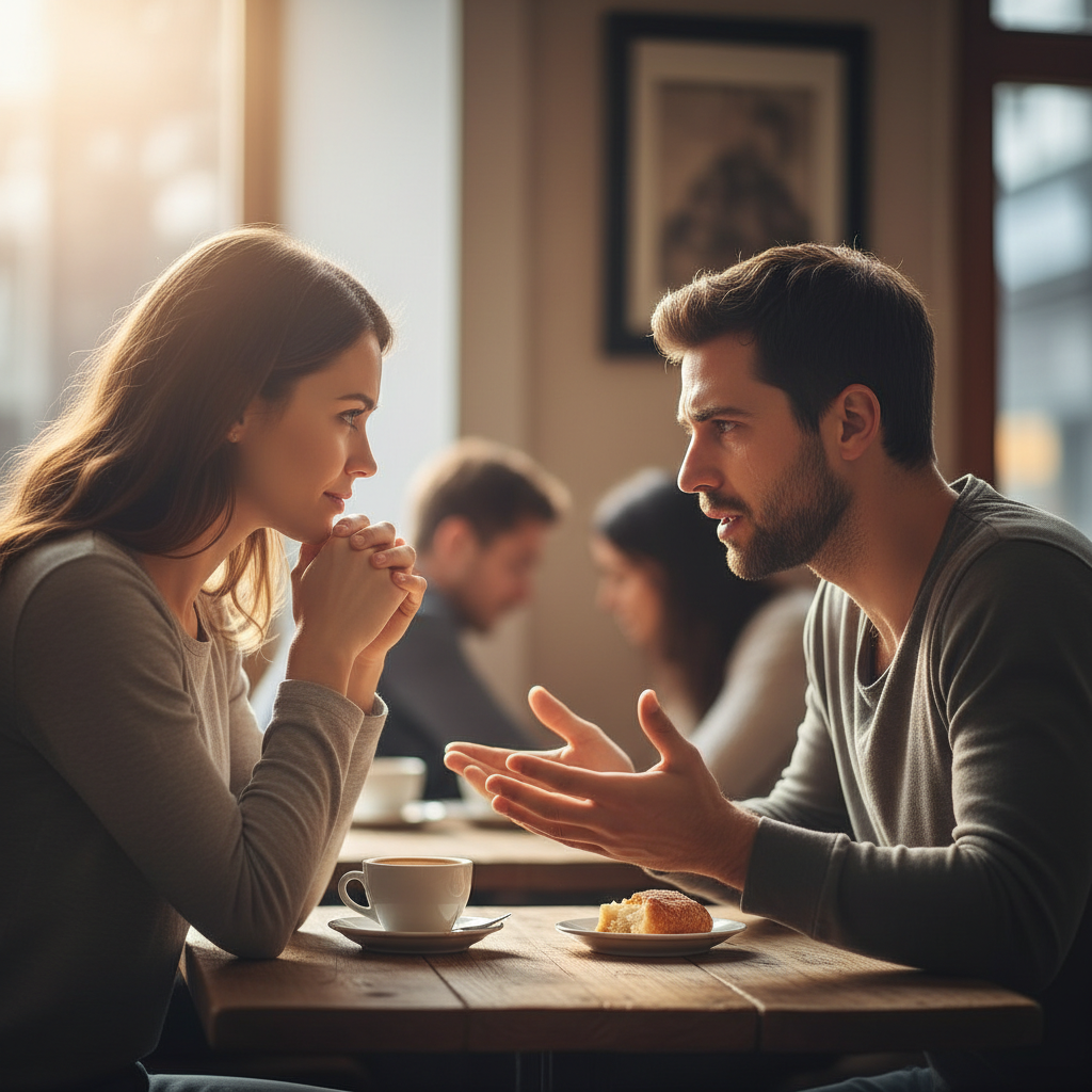 Photo of a couple maintaining eye contact and showing attentive body language, capturing relationship emotional communication and active listening